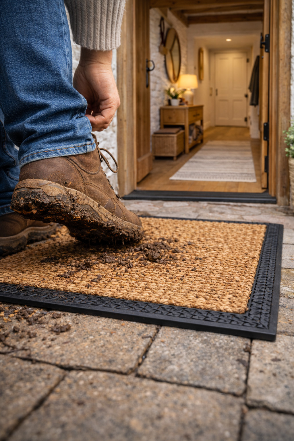 Essuyer des chaussures sales sur un paillasson extérieur avant d'entrer dans une entrée propre et décorée